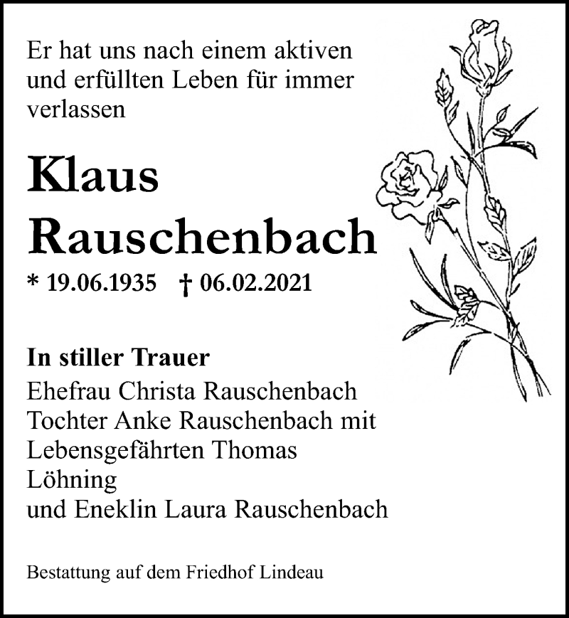  Traueranzeige für Klaus Rauschenbach vom 20.02.2021 aus Leipziger Volkszeitung