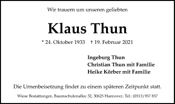 Traueranzeige von Klaus Thun von Hannoversche Allgemeine Zeitung/Neue Presse