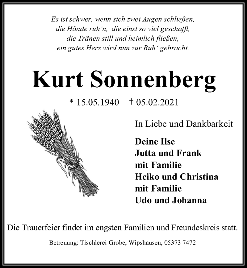  Traueranzeige für Kurt Sonnenberg vom 09.02.2021 aus Peiner Allgemeine Zeitung