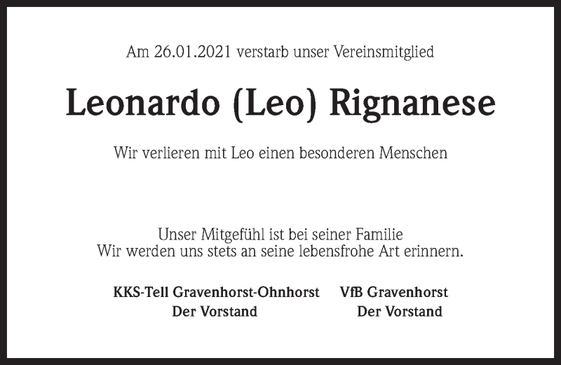  Traueranzeige für Leonardo Rignanese vom 06.02.2021 aus Aller Zeitung