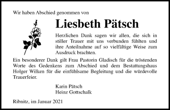 Traueranzeige von Liesbeth Pätsch von Ostsee-Zeitung GmbH