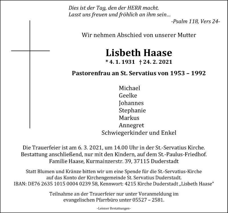  Traueranzeige für Lisbeth Haase vom 27.02.2021 aus Göttinger Tageblatt