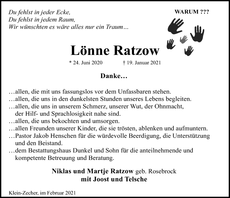  Traueranzeige für Lönne Ratzow vom 21.02.2021 aus Lübecker Nachrichten