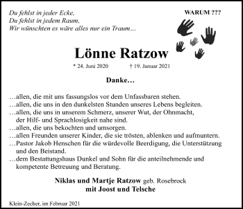 Traueranzeige von Lönne Ratzow von Lübecker Nachrichten