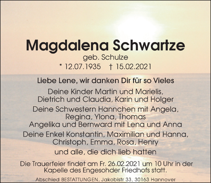  Traueranzeige für Magdalena Schwartze vom 20.02.2021 aus Hannoversche Allgemeine Zeitung/Neue Presse