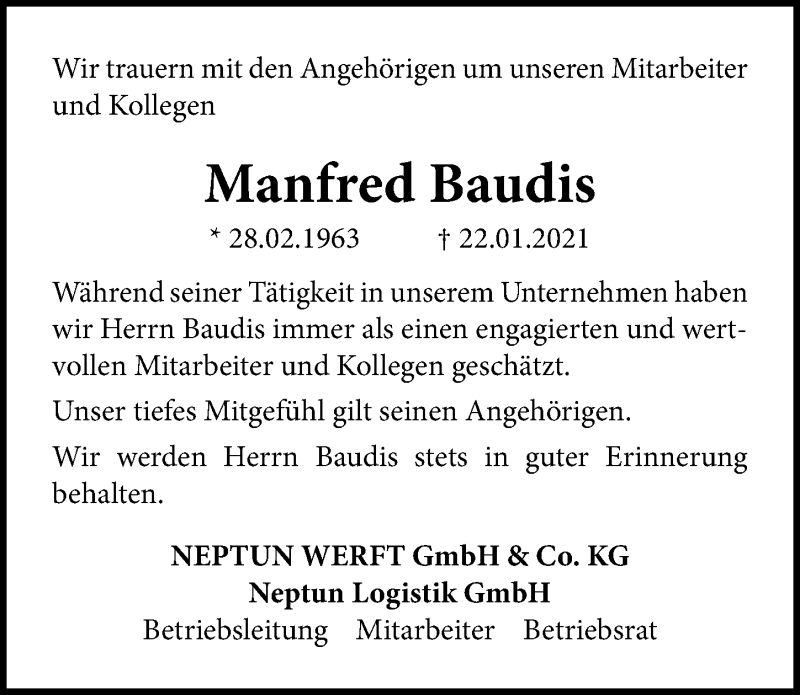  Traueranzeige für Manfred Baudis vom 06.02.2021 aus Ostsee-Zeitung GmbH
