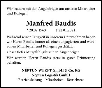 Traueranzeige von Manfred Baudis von Ostsee-Zeitung GmbH