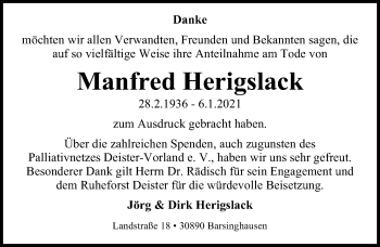 Traueranzeige von Manfred Herigslack von Hannoversche Allgemeine Zeitung/Neue Presse