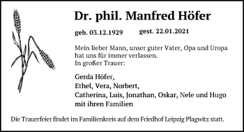 Traueranzeige von Manfred Höfer von Leipziger Volkszeitung