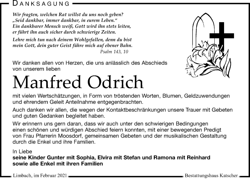  Traueranzeige für Manfred Odrich vom 06.02.2021 aus Leipziger Volkszeitung
