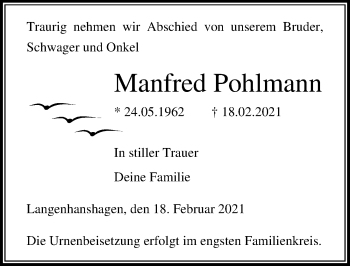 Traueranzeige von Manfred Pohlmann von Ostsee-Zeitung GmbH
