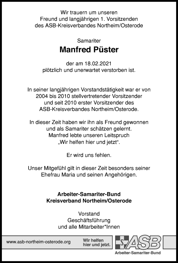 Traueranzeige für Manfred Püster vom 26.02.2021 aus Göttinger Tageblatt