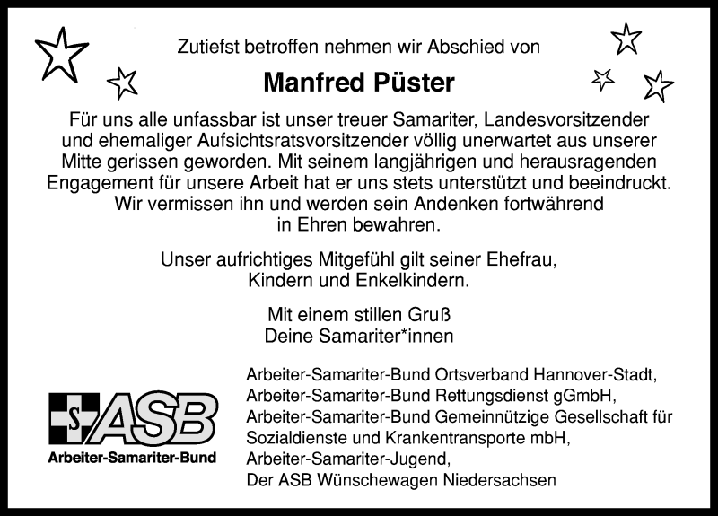  Traueranzeige für Manfred Püster vom 27.02.2021 aus Hannoversche Allgemeine Zeitung/Neue Presse