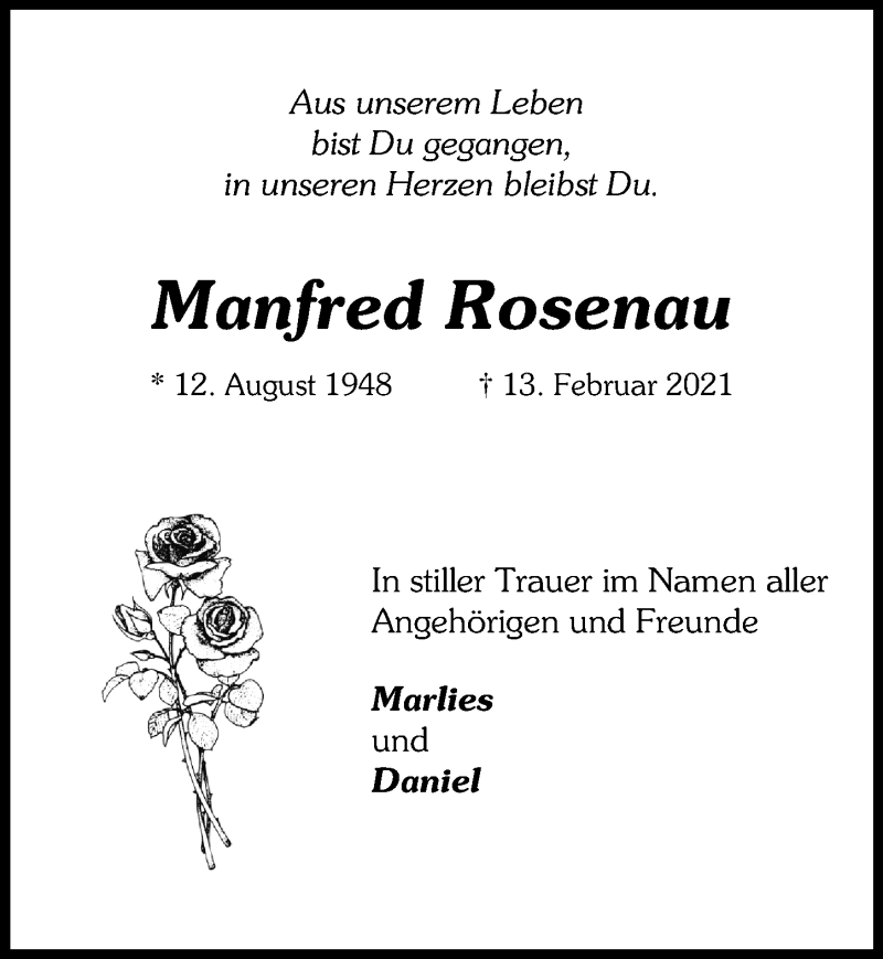  Traueranzeige für Manfred Rosenau vom 27.02.2021 aus Märkischen Allgemeine Zeitung
