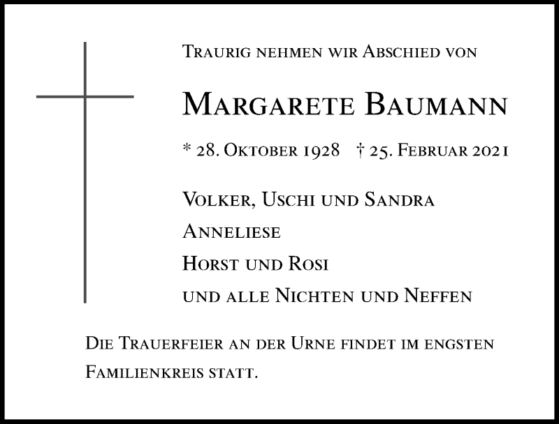  Traueranzeige für Margarete Baumann vom 28.02.2021 aus Lübecker Nachrichten