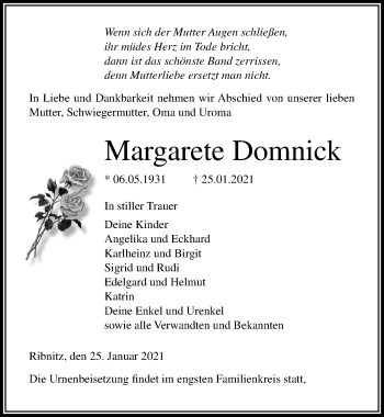 Traueranzeige von Margarete Domnick von Ostsee-Zeitung GmbH