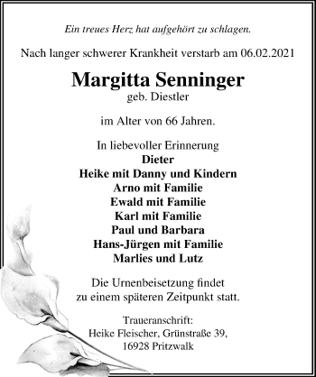 Traueranzeige von Margitta Senninger von Märkischen Allgemeine Zeitung