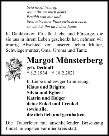 Traueranzeige von Margot Münsterberg von Ostsee-Zeitung GmbH