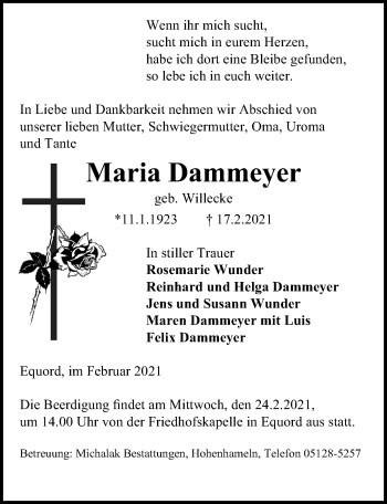 Traueranzeige von Maria Dammeyer von Peiner Allgemeine Zeitung