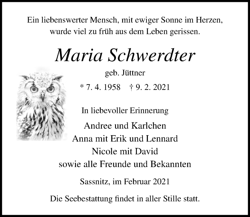  Traueranzeige für Maria Schwerdter vom 13.02.2021 aus Ostsee-Zeitung GmbH