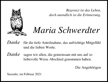 Traueranzeige von Maria Schwerdter von Ostsee-Zeitung GmbH