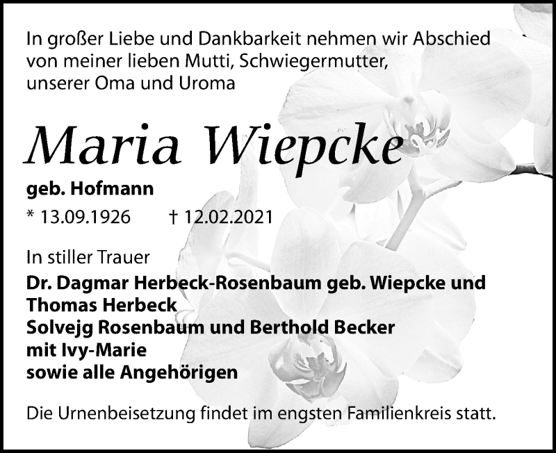  Traueranzeige für Maria Wiepcke vom 20.02.2021 aus Leipziger Volkszeitung