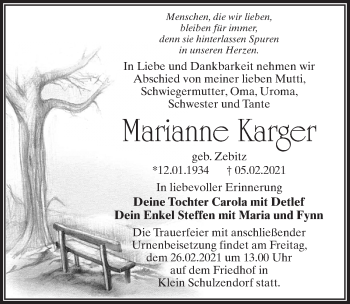 Traueranzeige von Marianne Karger von Märkischen Allgemeine Zeitung