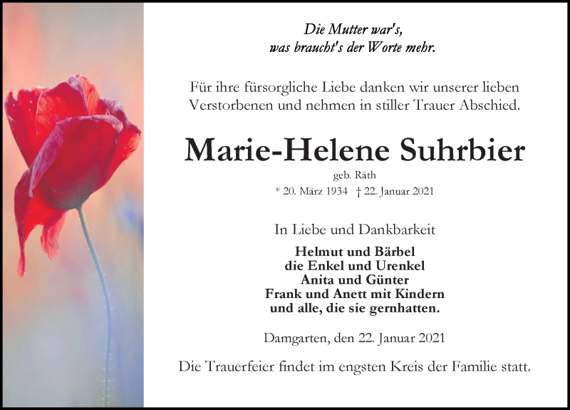  Traueranzeige für Marie-Helene Suhrbier vom 06.02.2021 aus Ostsee-Zeitung GmbH