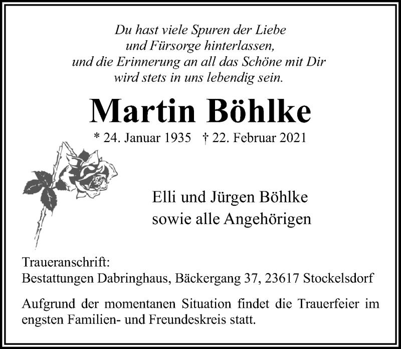  Traueranzeige für Martin Böhlke vom 24.02.2021 aus Lübecker Nachrichten