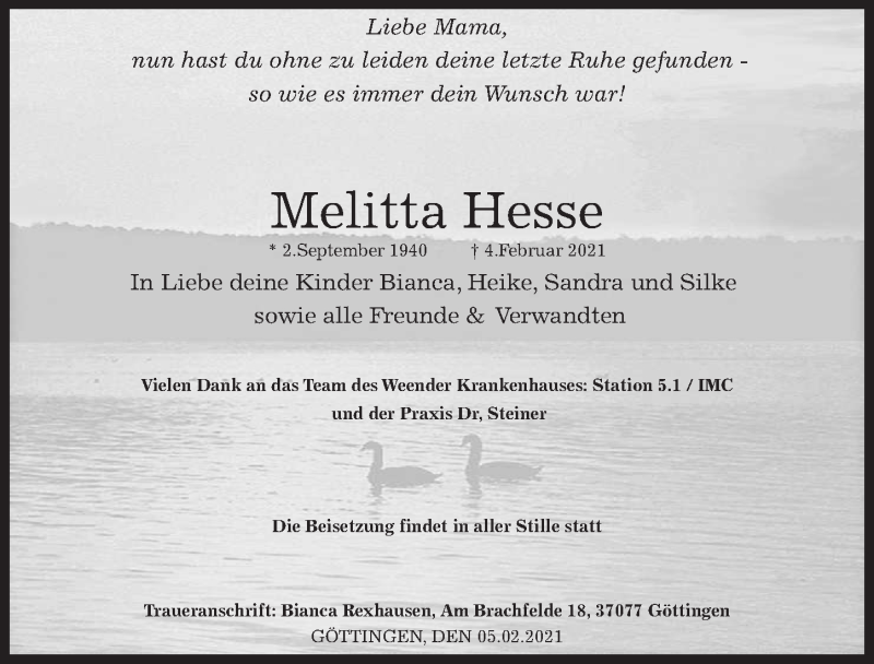  Traueranzeige für Melitta Hesse vom 06.02.2021 aus Göttinger Tageblatt