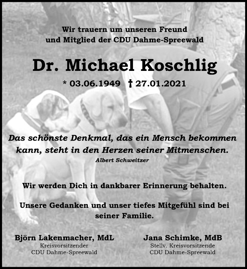  Traueranzeige für Michael Koschlig vom 06.02.2021 aus Märkischen Allgemeine Zeitung