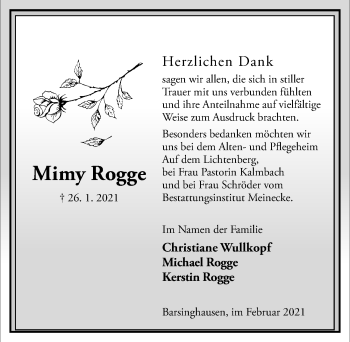 Traueranzeige von Mimi Rogge von Hannoversche Allgemeine Zeitung/Neue Presse