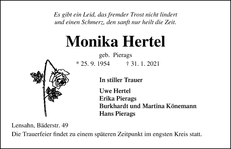  Traueranzeige für Monika Hertel vom 05.02.2021 aus Lübecker Nachrichten