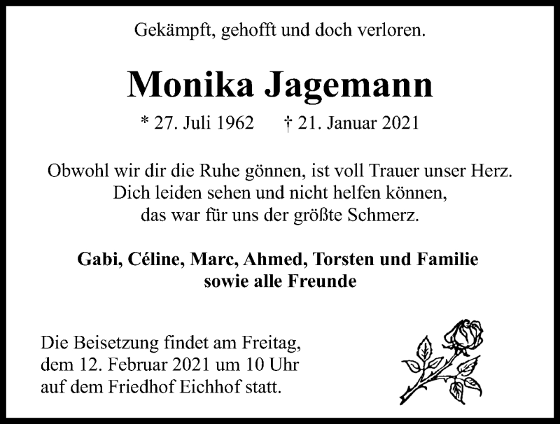  Traueranzeige für Monika Jagemann vom 09.02.2021 aus Kieler Nachrichten