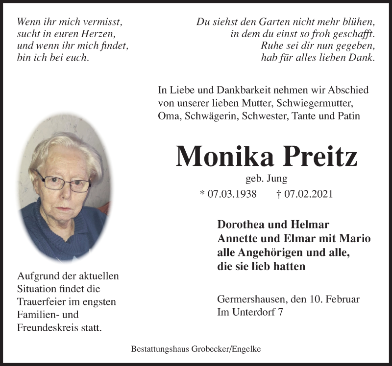  Traueranzeige für Monika Preitz vom 10.02.2021 aus Eichsfelder Tageblatt