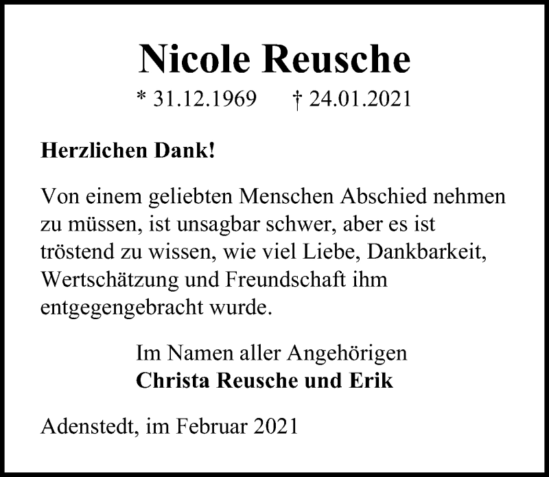  Traueranzeige für Nicole Reusche vom 27.02.2021 aus Peiner Allgemeine Zeitung