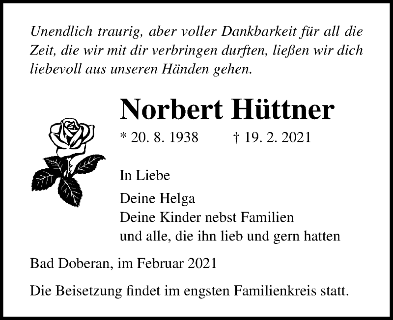 Traueranzeige für Norbert Hüttner vom 27.02.2021 aus Ostsee-Zeitung GmbH