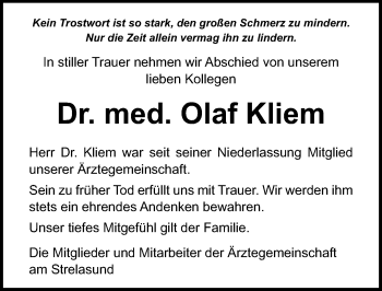 Traueranzeige von Olaf Kliem von Ostsee-Zeitung GmbH