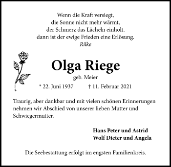 Traueranzeige von Olga Riege von Lübecker Nachrichten