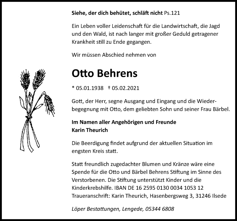 Traueranzeige für Otto Behrens vom 09.02.2021 aus Peiner Allgemeine Zeitung