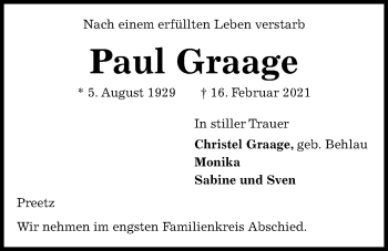 Traueranzeige von Paul Graage von Kieler Nachrichten