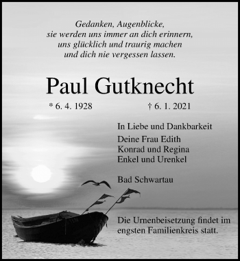 Traueranzeige von Paul Gutknecht von Lübecker Nachrichten