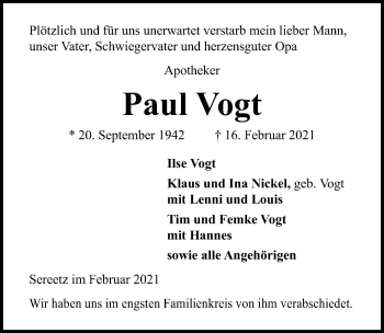 Traueranzeige von Paul Vogt von Lübecker Nachrichten
