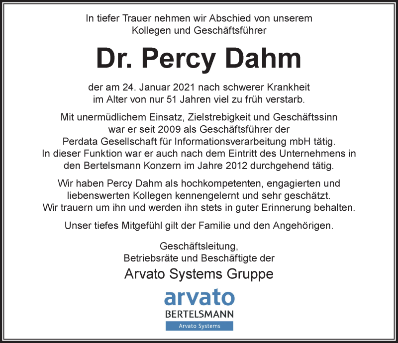  Traueranzeige für Percy Dahm vom 13.02.2021 aus Leipziger Volkszeitung