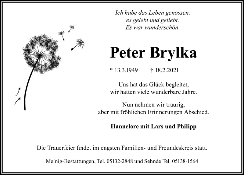  Traueranzeige für Peter Brylka vom 20.02.2021 aus Hannoversche Allgemeine Zeitung/Neue Presse