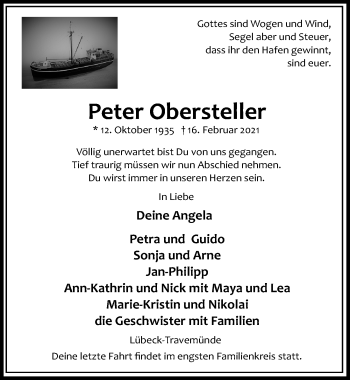 Traueranzeige von Peter Obersteller von Lübecker Nachrichten