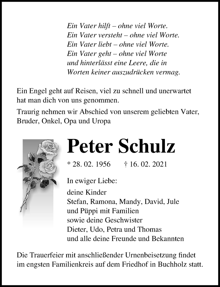  Traueranzeige für Peter Schulz vom 27.02.2021 aus Ostsee-Zeitung GmbH