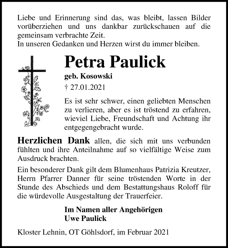  Traueranzeige für Petra Paulick vom 13.02.2021 aus Märkischen Allgemeine Zeitung