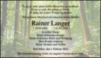 Traueranzeige von Rainer Langer von Ostsee-Zeitung GmbH