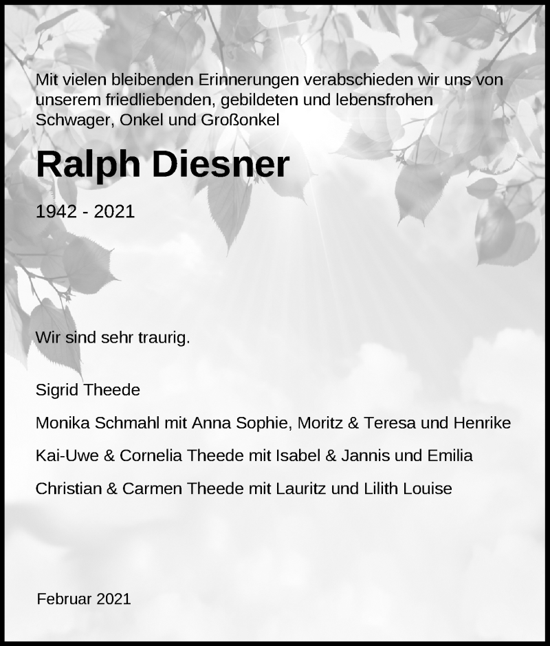  Traueranzeige für Ralph Diesner vom 23.02.2021 aus Lübecker Nachrichten